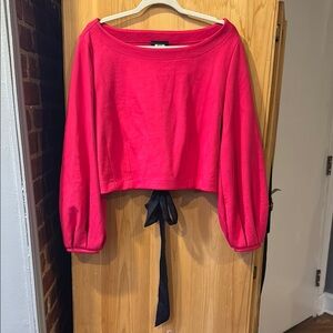 Anthropologie Hot Pink Blouse Puff Long Sleeves and Black Ribbon Back Tie, M